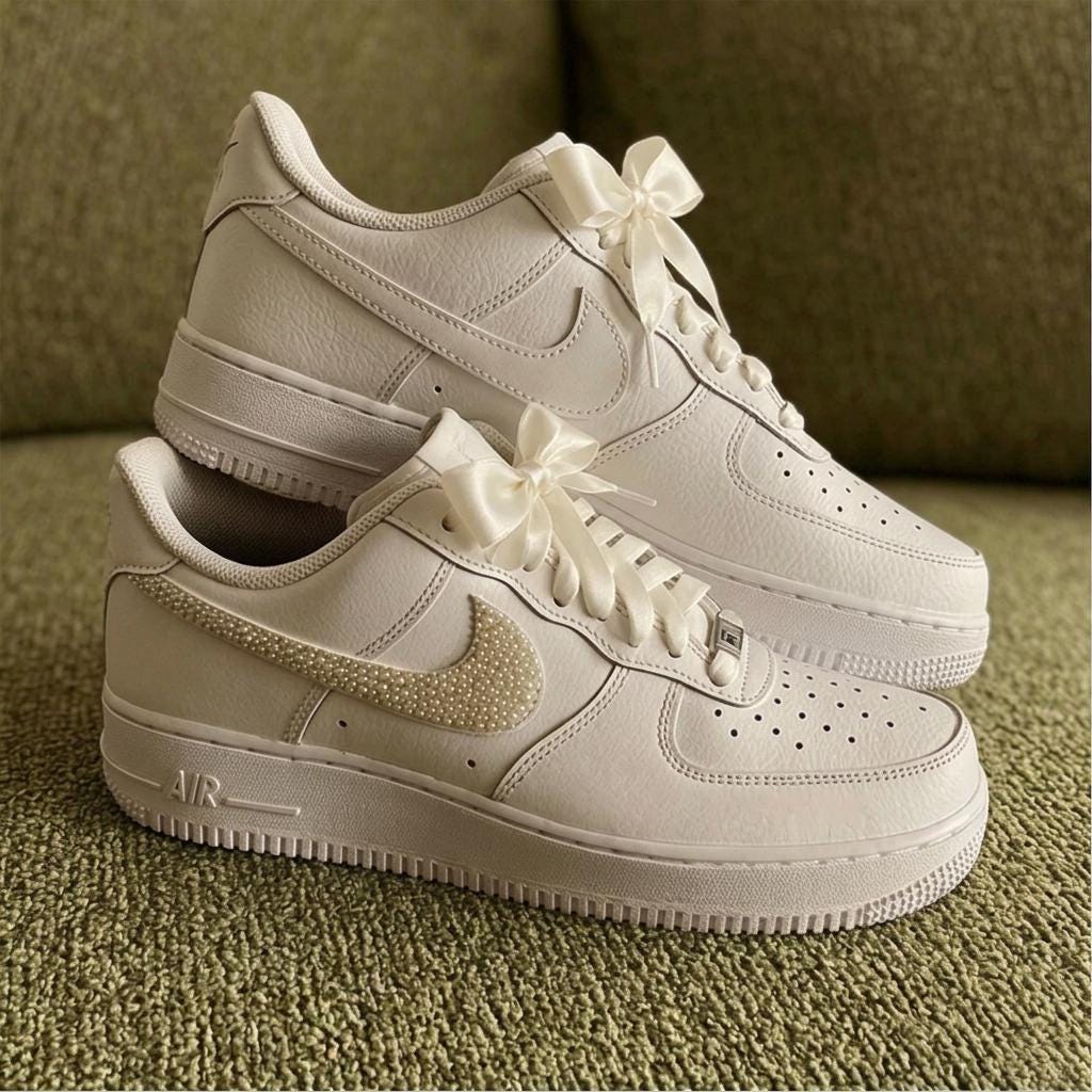 Custom Pearl Air Force 1 – Wedding Sneakers with Ribbon Bows,Luxury Pearl Swoosh Shoes,Gift for her