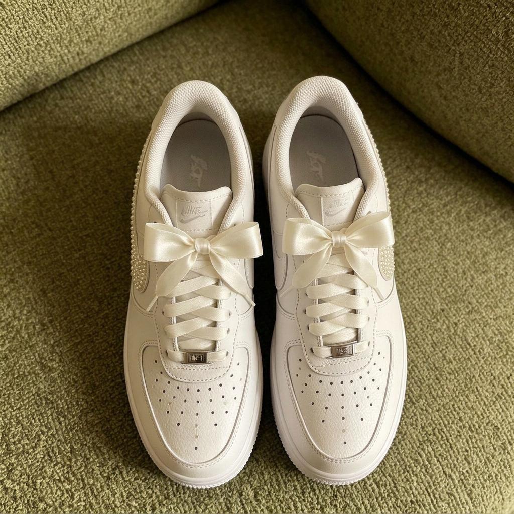 Custom Pearl Air Force 1 – Wedding Sneakers with Ribbon Bows,Luxury Pearl Swoosh Shoes,Gift for her