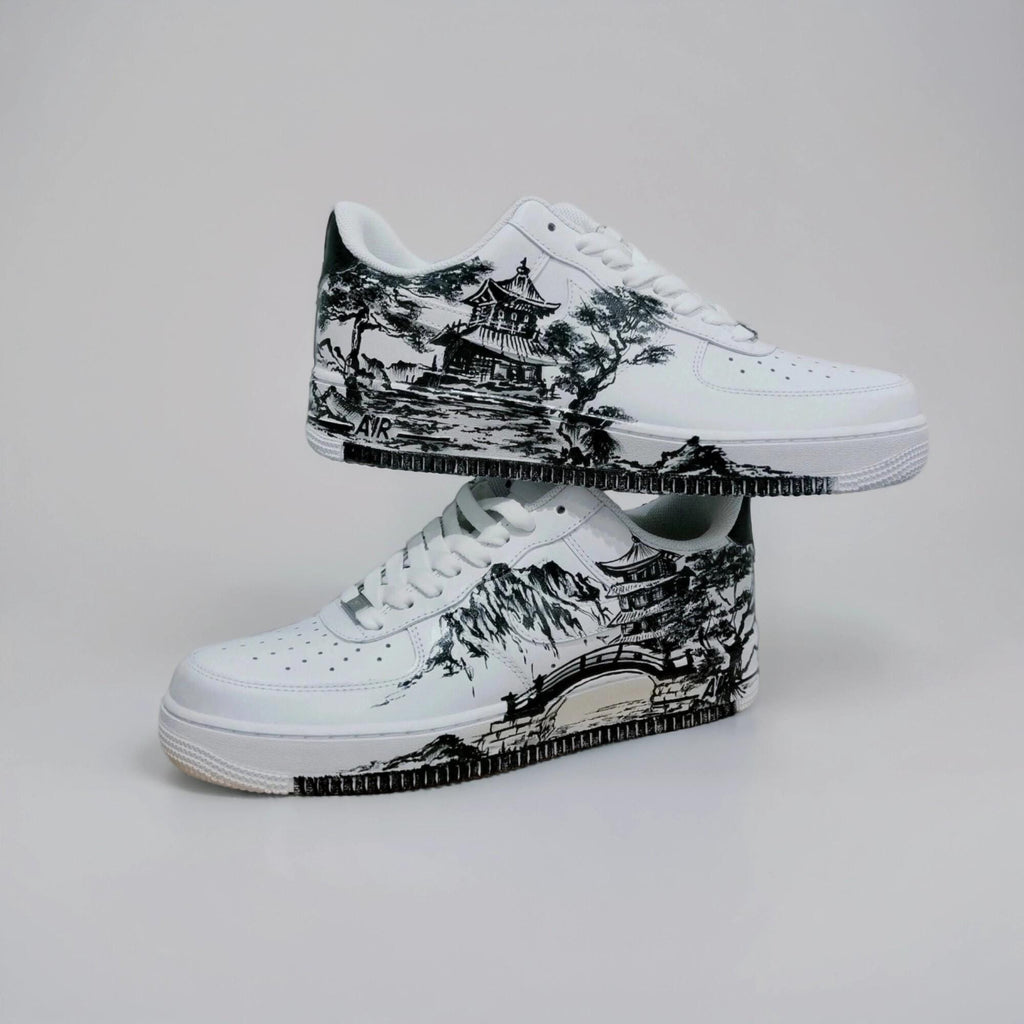 Custom White Sneakers Japan Art ?C Hand Painted, Unique Sneakers, Monochrome Mountain Wave Shoes, Unique Streetwear Gift for Him