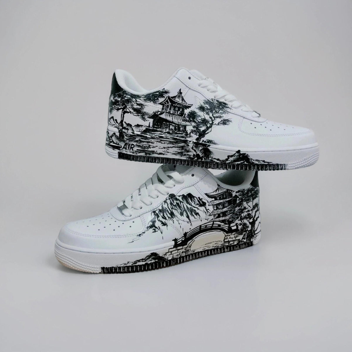 Custom White Sneakers Japan Art ?C Hand Painted, Unique Sneakers, Monochrome Mountain Wave Shoes, Unique Streetwear Gift for Him