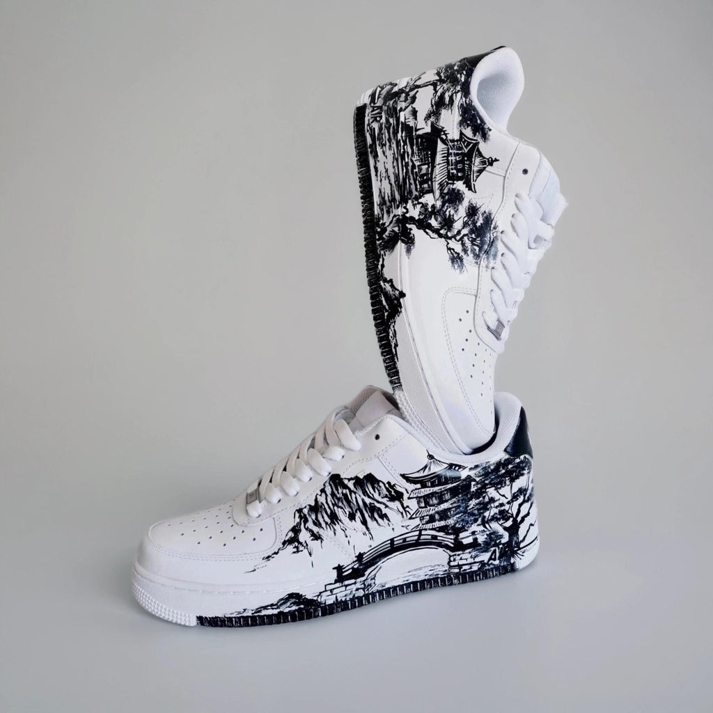 Custom White Sneakers Japan Art ?C Hand Painted, Unique Sneakers, Monochrome Mountain Wave Shoes, Unique Streetwear Gift for Him