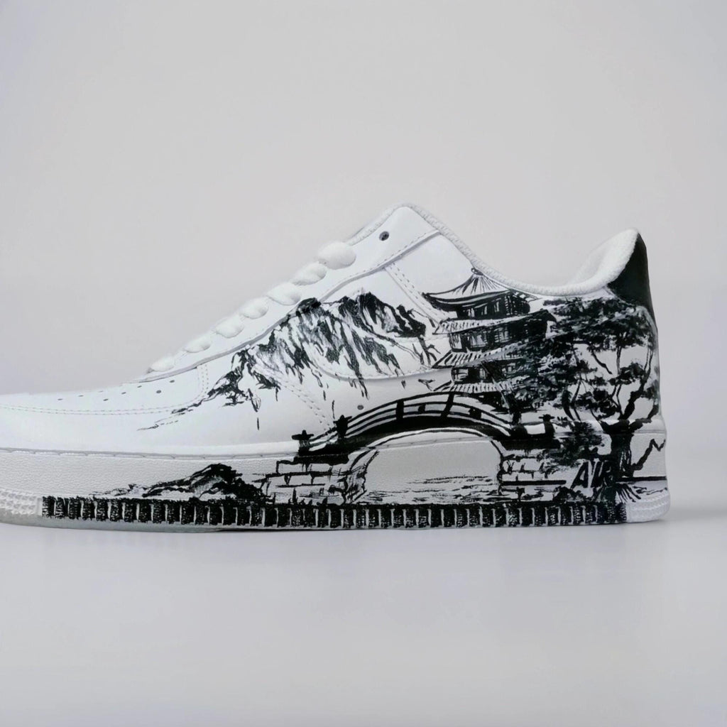 Custom White Sneakers Japan Art ?C Hand Painted, Unique Sneakers, Monochrome Mountain Wave Shoes, Unique Streetwear Gift for Him