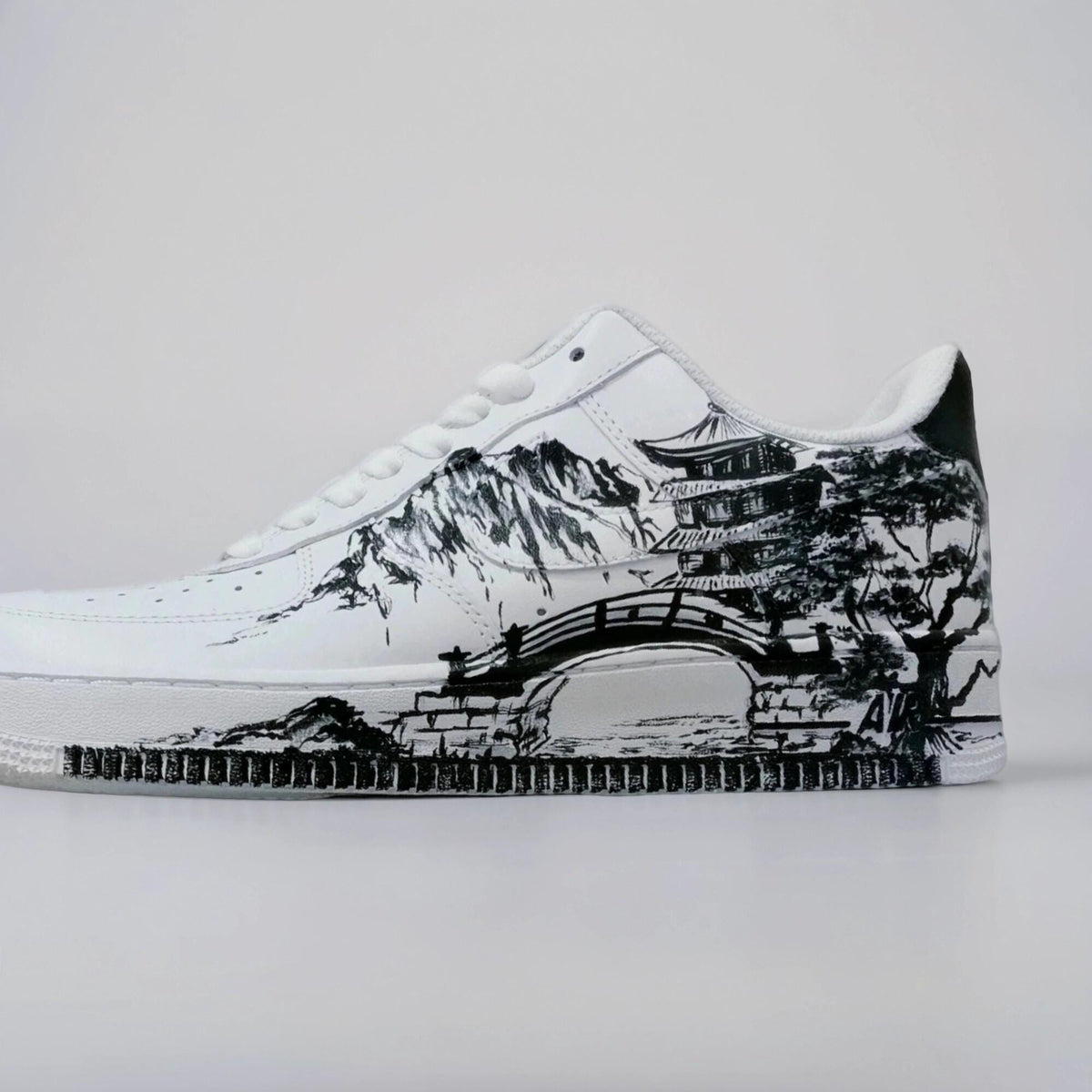 Custom White Sneakers Japan Art ?C Hand Painted, Unique Sneakers, Monochrome Mountain Wave Shoes, Unique Streetwear Gift for Him
