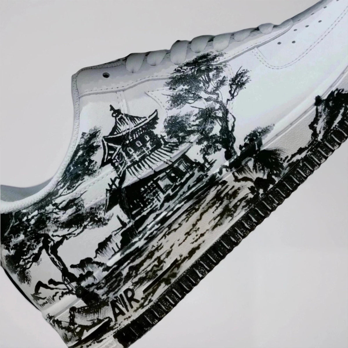Custom White Sneakers Japan Art ?C Hand Painted, Unique Sneakers, Monochrome Mountain Wave Shoes, Unique Streetwear Gift for Him