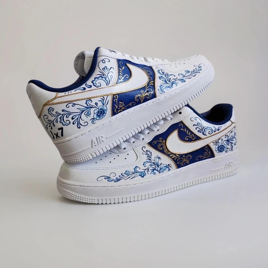 Custom-made white Gzhel- style sneakers, hand-painted with blue floral filigree and gold, a one-of-a-kind gift for AF1 sneakers