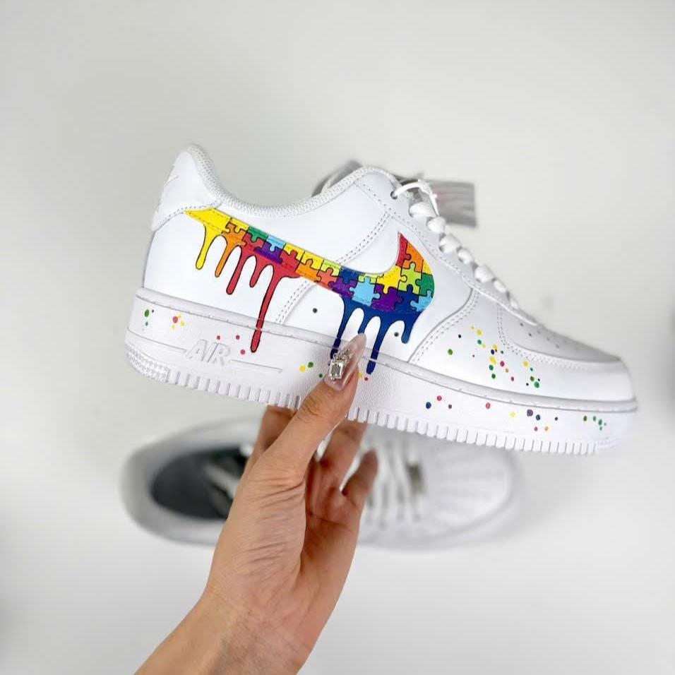 Custom Air Force 1 Rainbow Drip Sneakers, Puzzle AF1 Shoes, Hand Painted Colorful Streetwear Sneakers