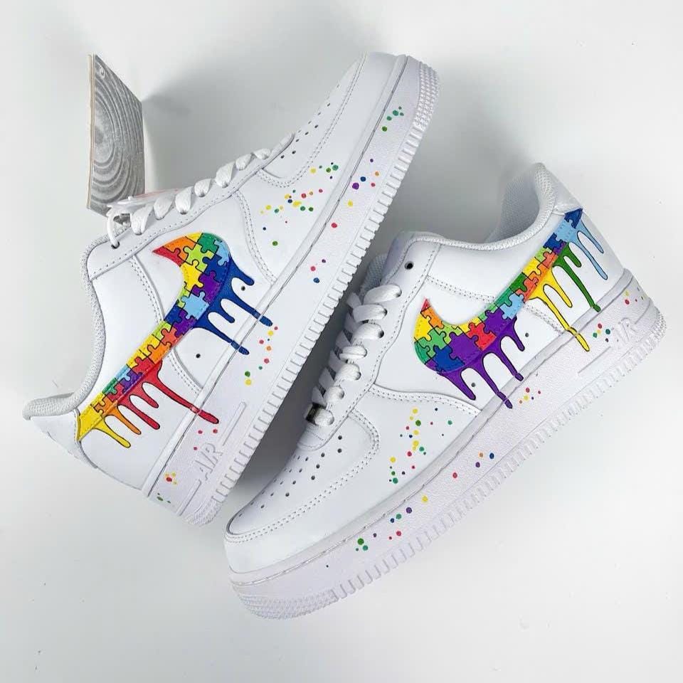 Custom Air Force 1 Rainbow Drip Sneakers, Puzzle AF1 Shoes, Hand Painted Colorful Streetwear Sneakers