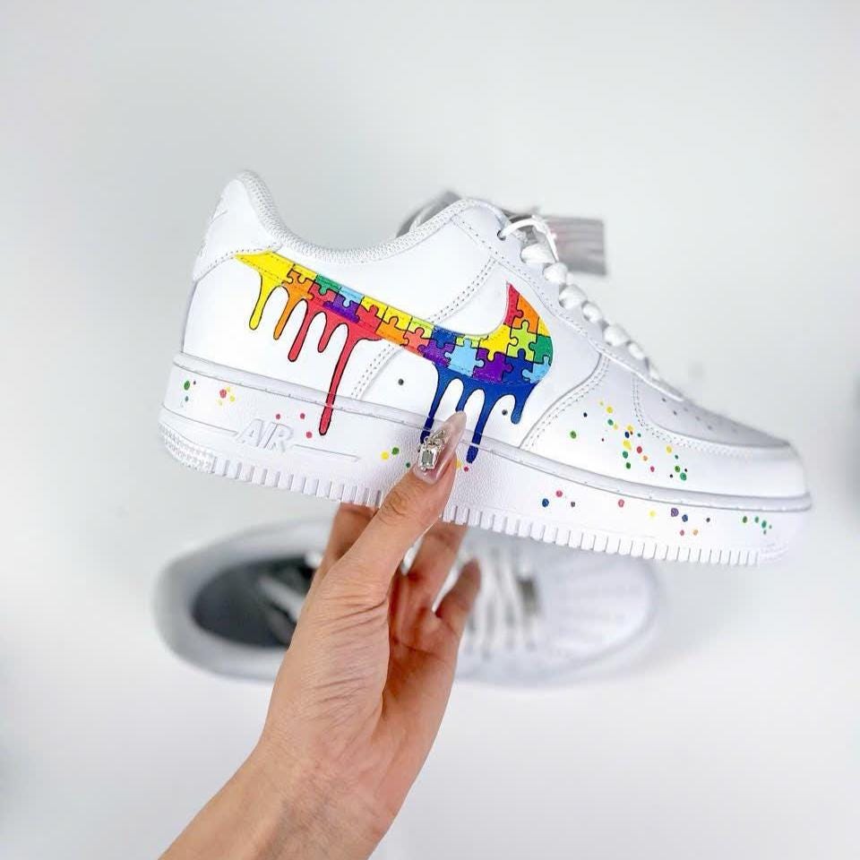 Custom Air Force 1 Rainbow Drip Sneakers, Puzzle AF1 Shoes, Hand Painted Colorful Streetwear Sneakers