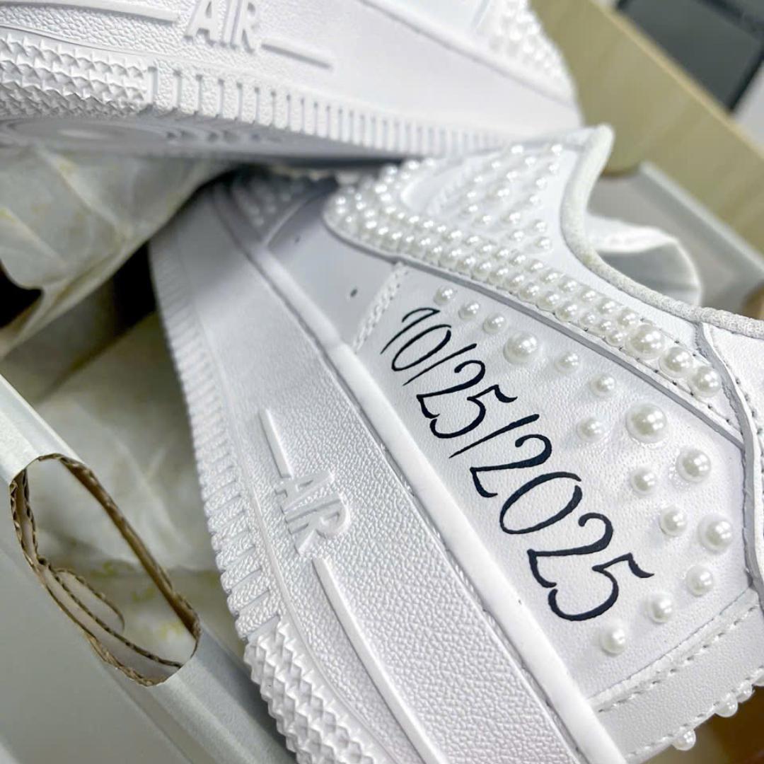 Personalized Pearl Wedding AF1 Sneakers, Custom Bride Air Force 1 Shoes, Mrs Name Date Bridal Shoes, White Pearl Wedding Sneakers
