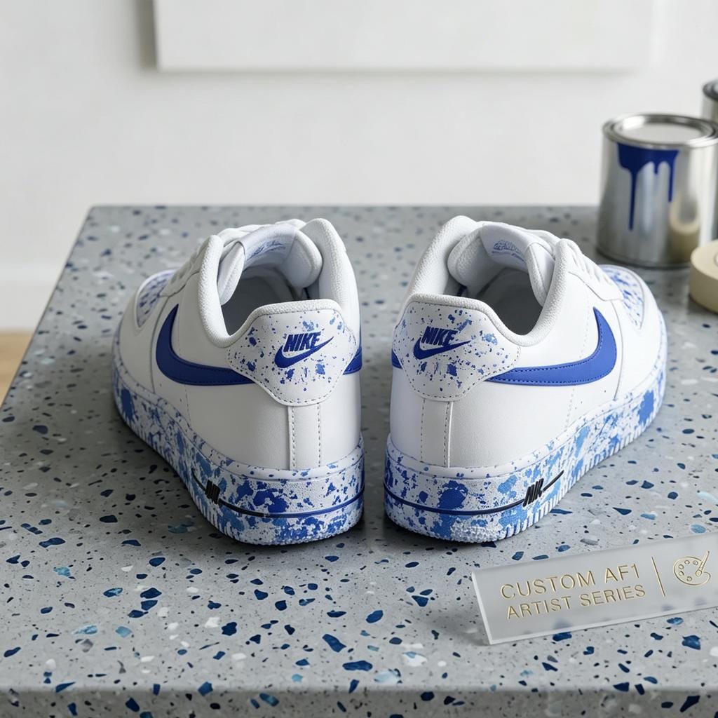 Custom Air Force 1 Blue Ink Splatter Sneakers, Hand Painted Shoes