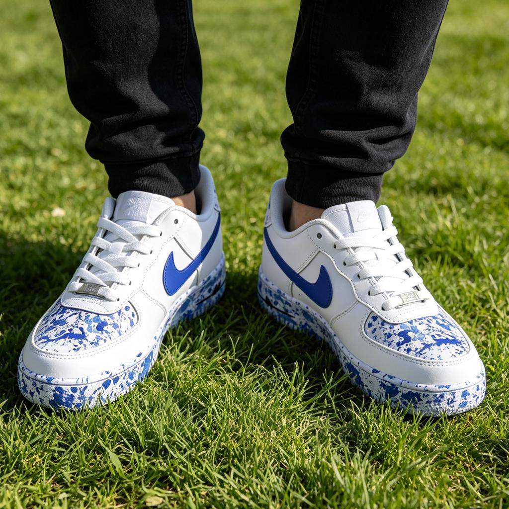Custom Air Force 1 Blue Ink Splatter Sneakers, Hand Painted Shoes