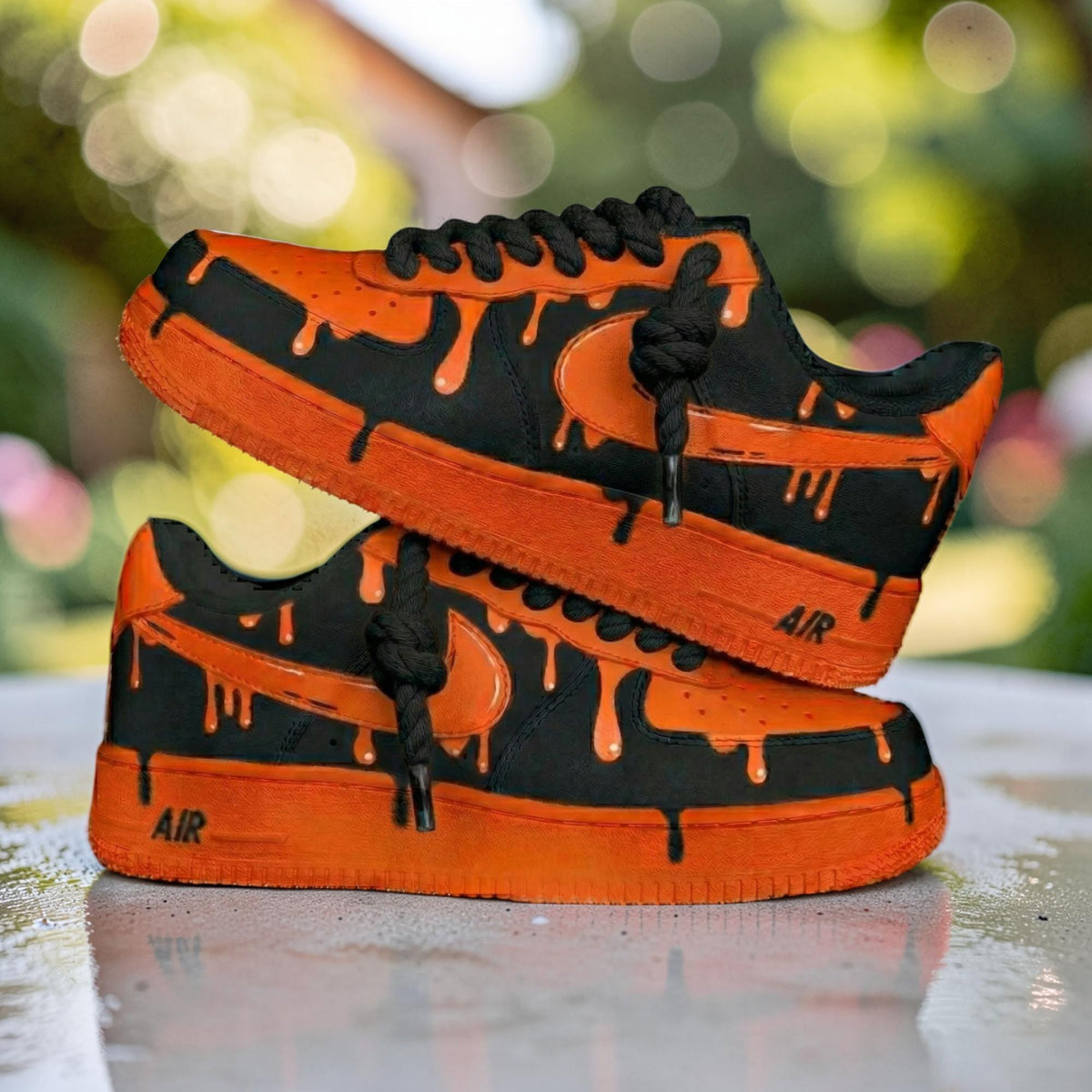 Custom Orange Drip Air Force 1 Sneakers, Hand Painted Black Shoes