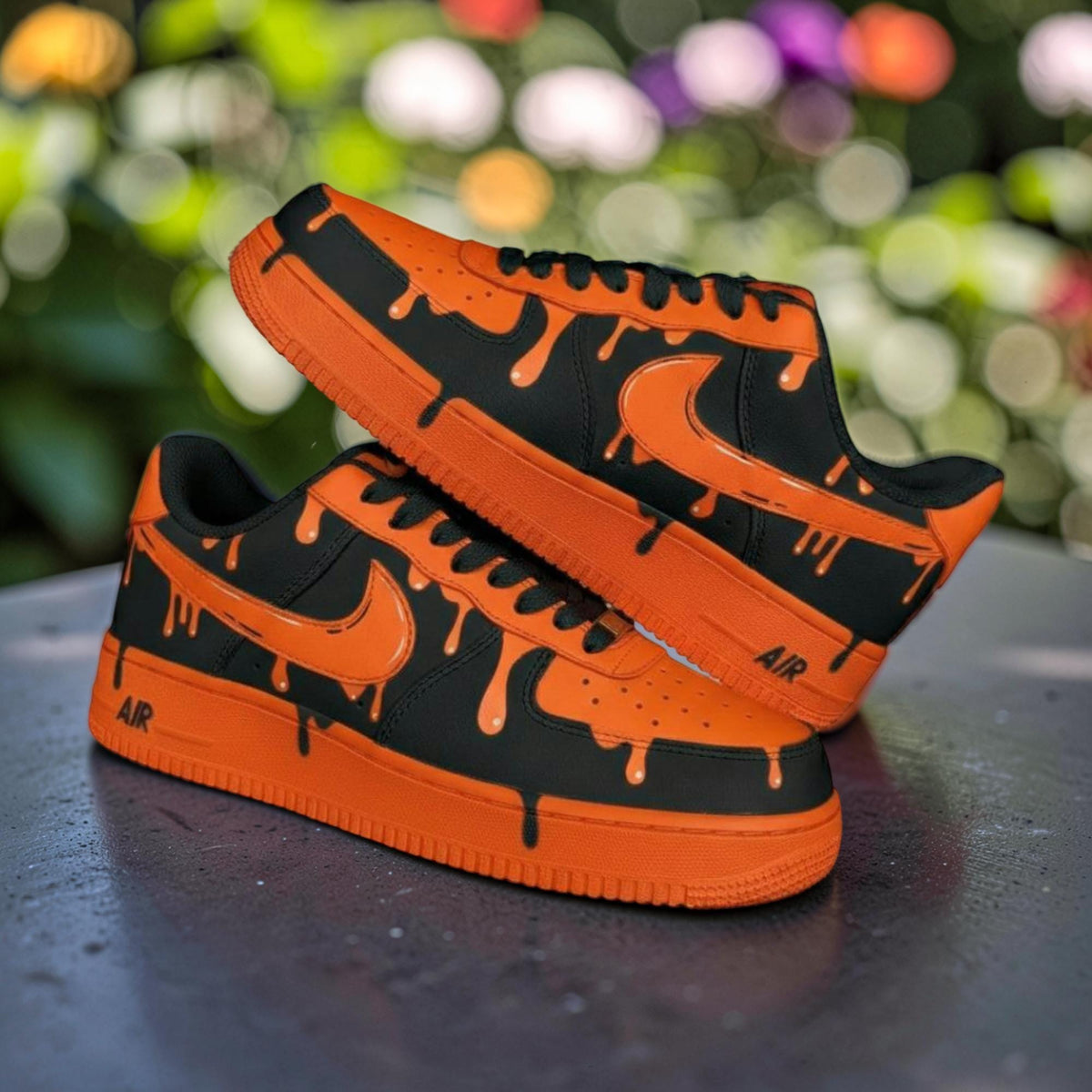 Custom Orange Drip Air Force 1 Sneakers, Hand Painted Black Shoes