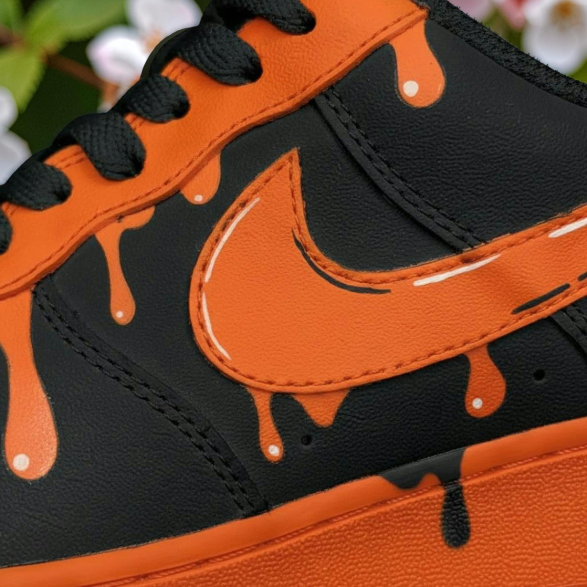Custom Orange Drip Air Force 1 Sneakers, Hand Painted Black Shoes