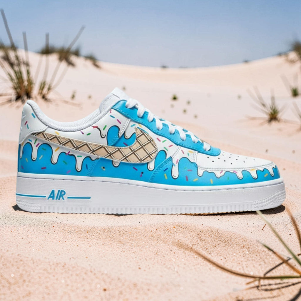 Custom Hand Painted Air Force 1 Sneakers, Blue Ice Cream Drip Design