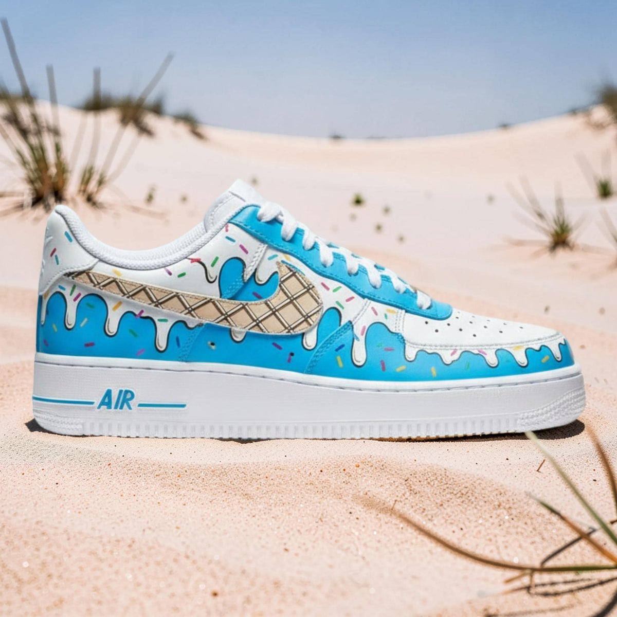 Custom Hand Painted Air Force 1 Sneakers, Blue Ice Cream Drip Design