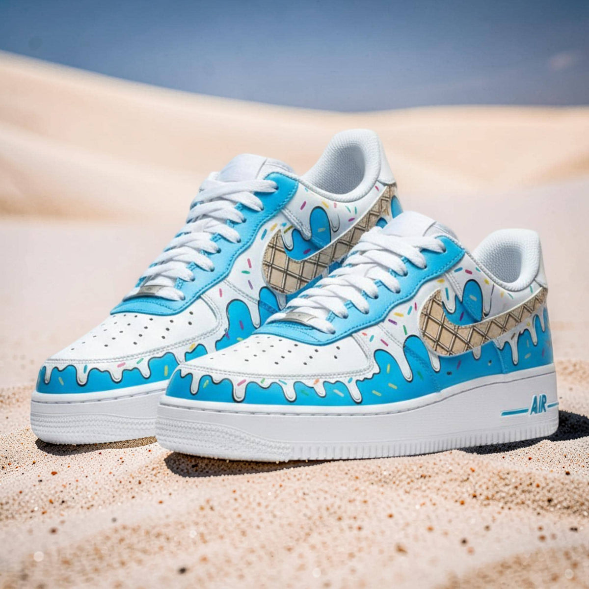 Custom Hand Painted Air Force 1 Sneakers, Blue Ice Cream Drip Design