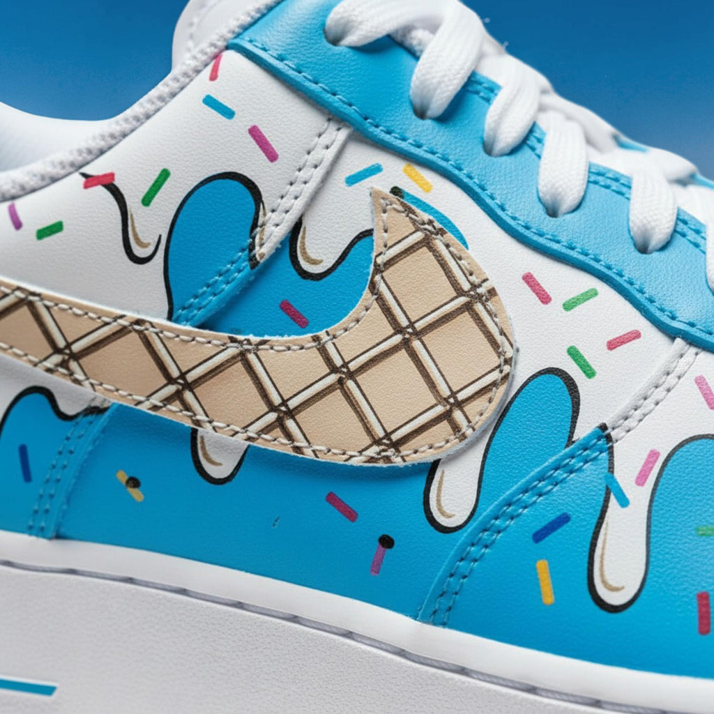 Custom Hand Painted Air Force 1 Sneakers, Blue Ice Cream Drip Design