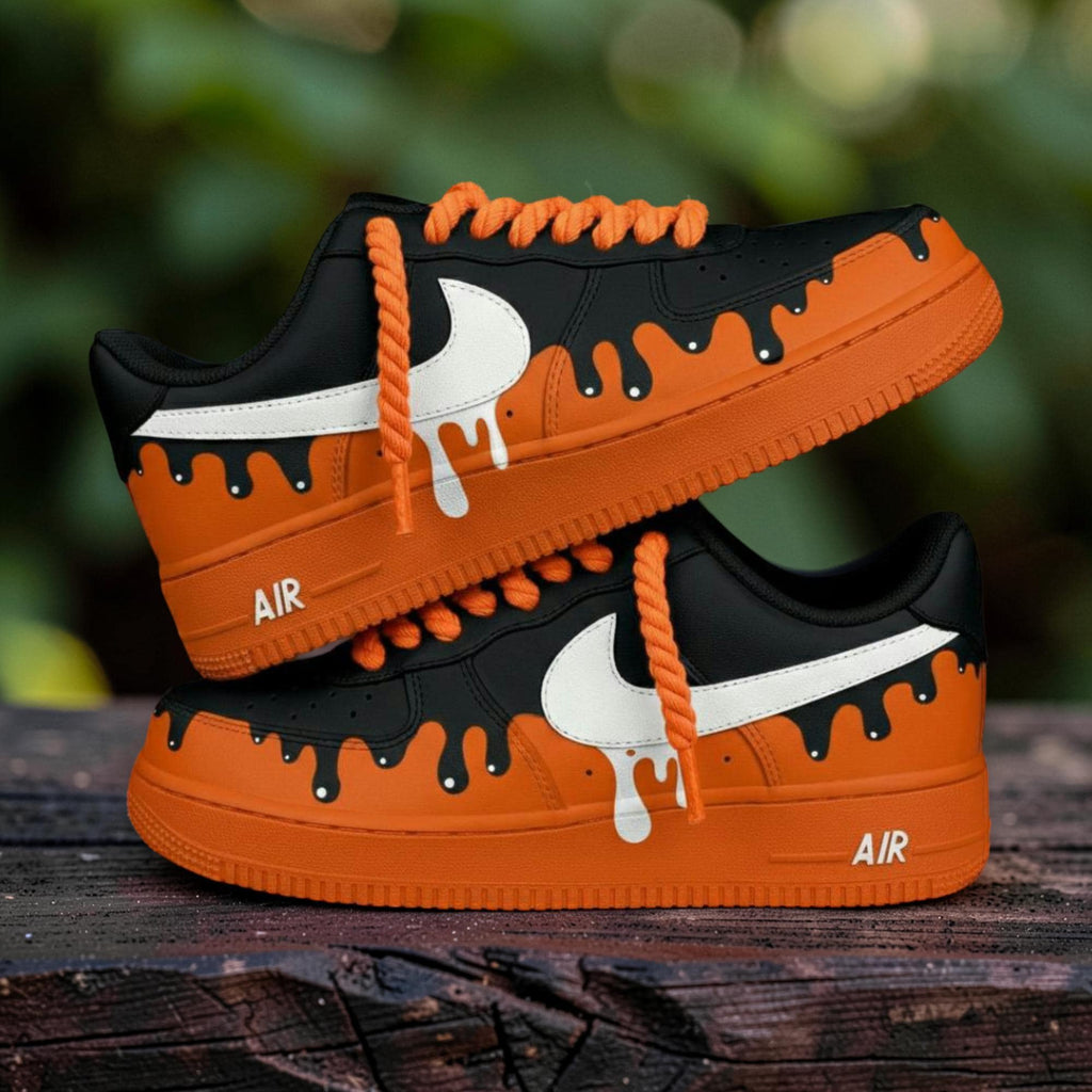 Custom Air Force 1 Halloween Drip Sneakers, AF1 Orange Black Melt Shoes, Hand Painted Spooky Streetwear Gift