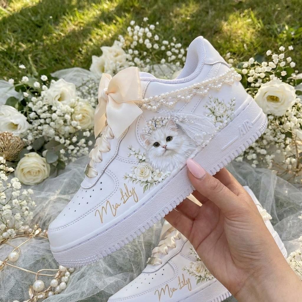 Custom Bridal Wedding Sneakers , Pet of Honor & Floral for Bride Shoes, Personalized Name Wedding Date