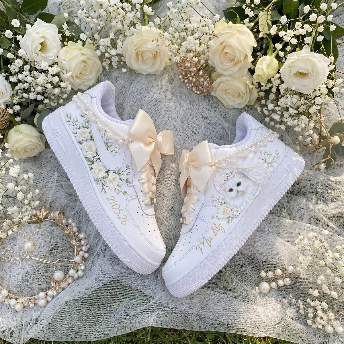 Custom Bridal Wedding Sneakers , Pet of Honor & Floral for Bride Shoes, Personalized Name Wedding Date