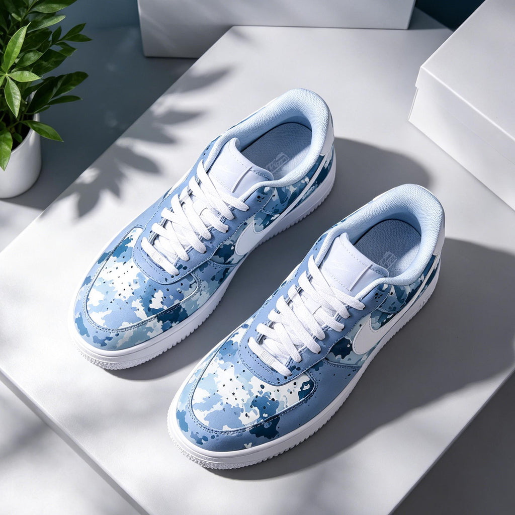 Custom Air Force 1 Blue Camo, Ocean Splatter Hand Painted Shoes,Personalized Name Shoes,Gift for him