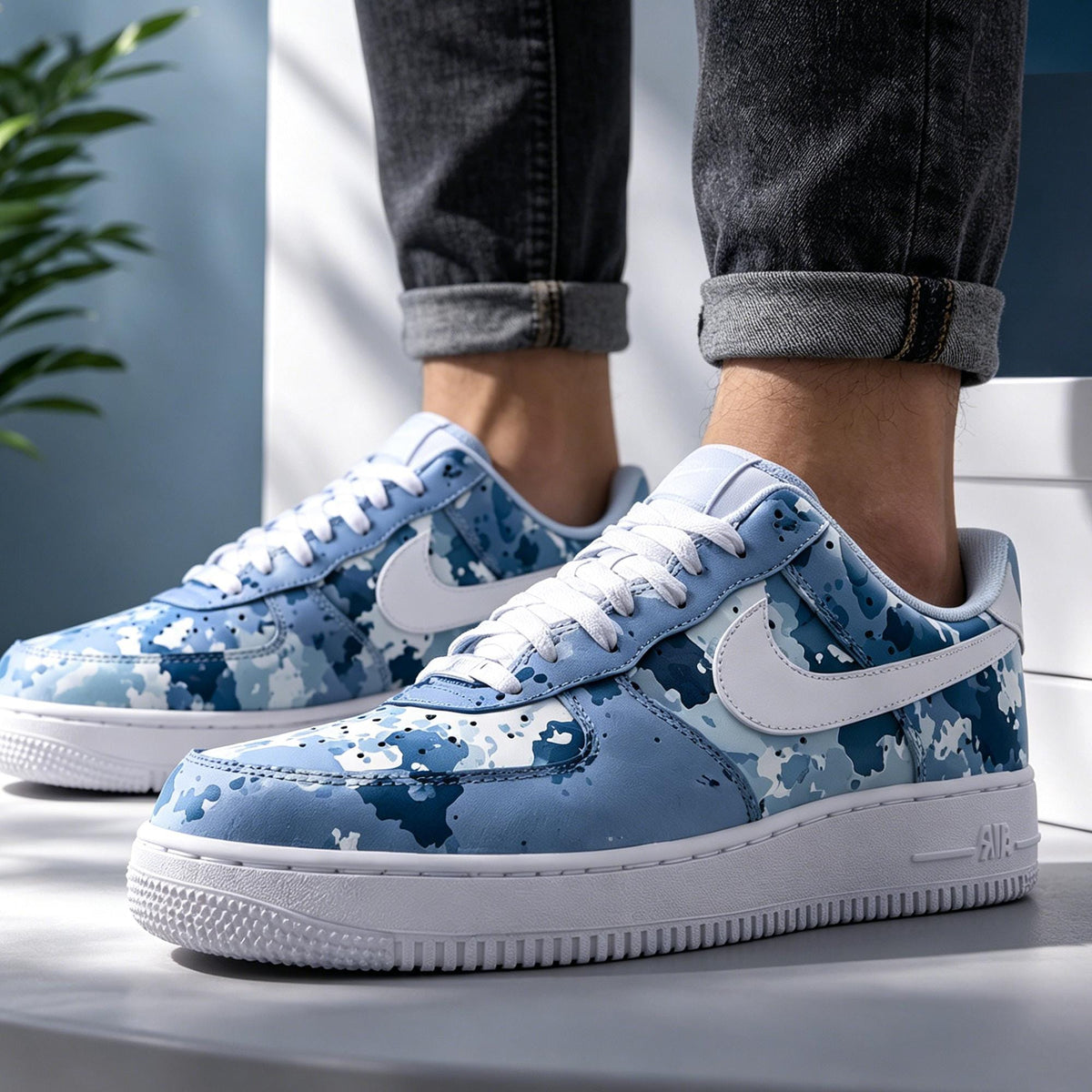 Custom Air Force 1 Blue Camo, Ocean Splatter Hand Painted Shoes,Personalized Name Shoes,Gift for him