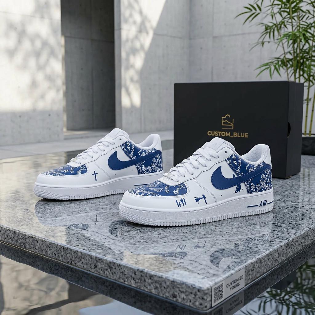 Custom Blue& White Air Force 1 ,Hand-Painted Paisley Sports Sneakers,Abstract Style Gift For Him
