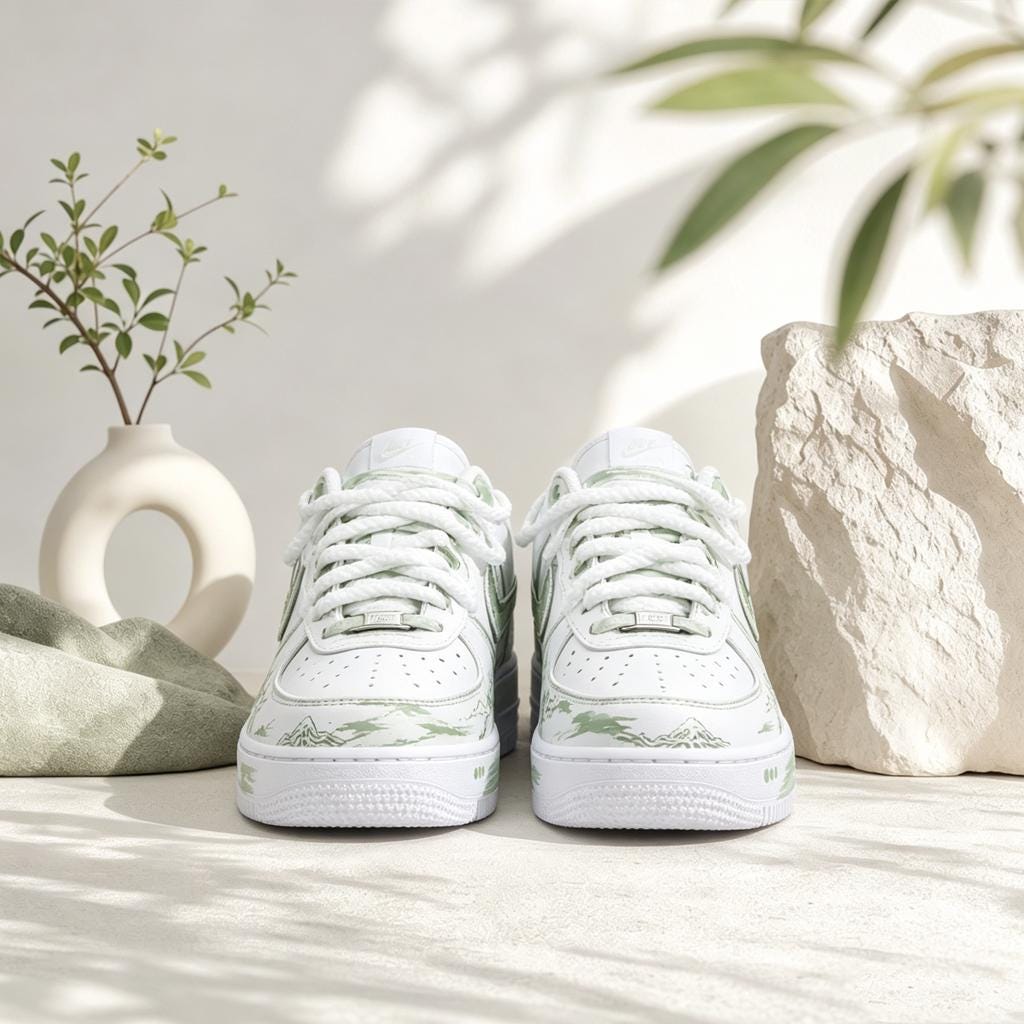 Custom Air Force 1 Green,Zen Landscape Art Rope Lace Footwear, Nature Wanderer Graphic White Sneakers, Gift for her