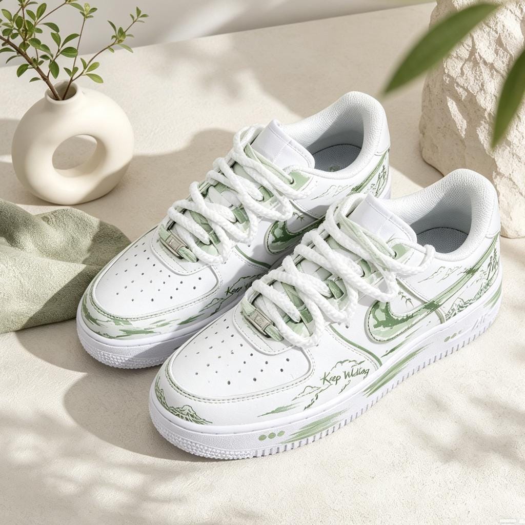 Custom Air Force 1 Green,Zen Landscape Art Rope Lace Footwear, Nature Wanderer Graphic White Sneakers, Gift for her