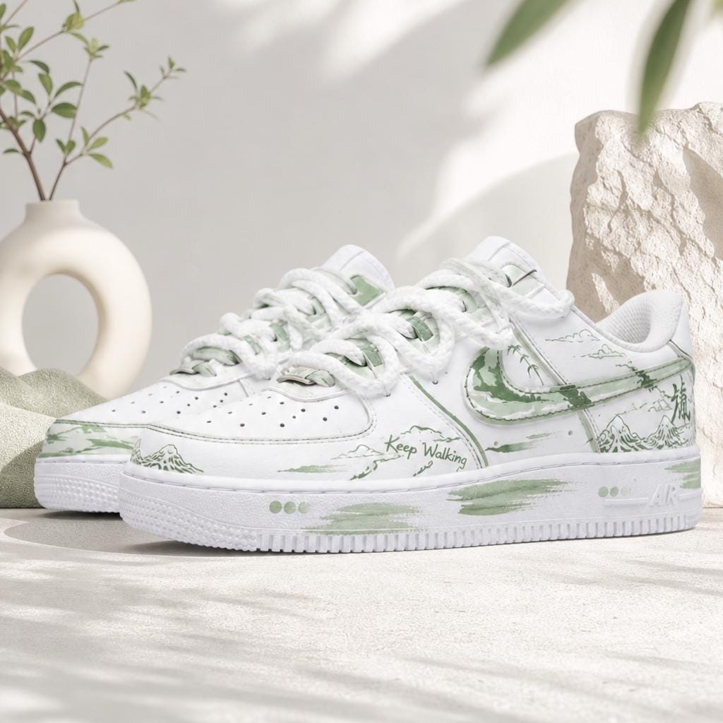 Custom Air Force 1 Green,Zen Landscape Art Rope Lace Footwear, Nature Wanderer Graphic White Sneakers, Gift for her