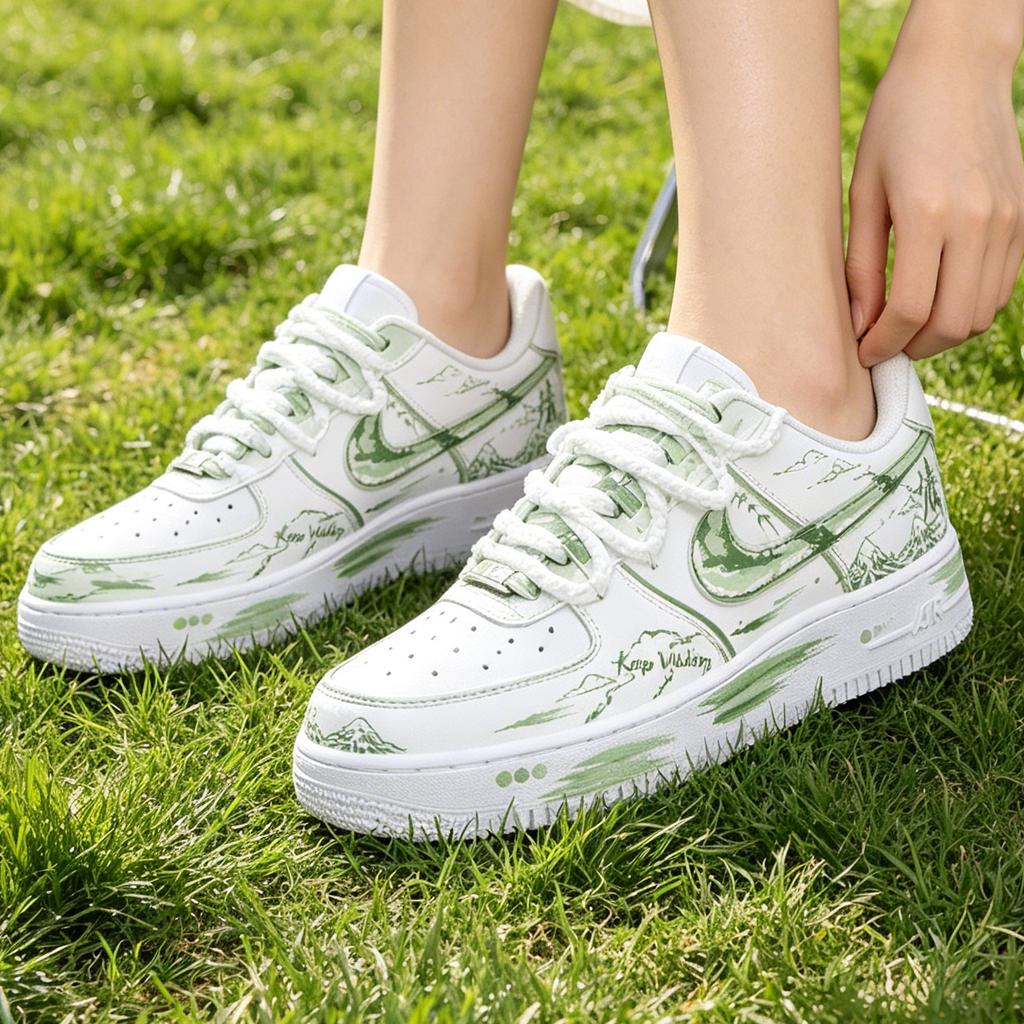 Custom Air Force 1 Green,Zen Landscape Art Rope Lace Footwear, Nature Wanderer Graphic White Sneakers, Gift for her