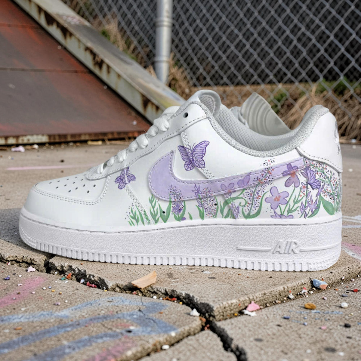 Custom Air Force 1 Lavender Butterfly Floral Sneakers, Hand Painted AF1 Shoes, Personalized Purple Flower Shoes