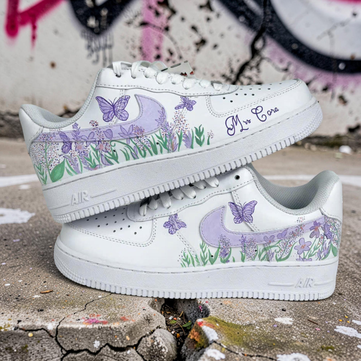 Custom Air Force 1 Lavender Butterfly Floral Sneakers, Hand Painted AF1 Shoes, Personalized Purple Flower Shoes