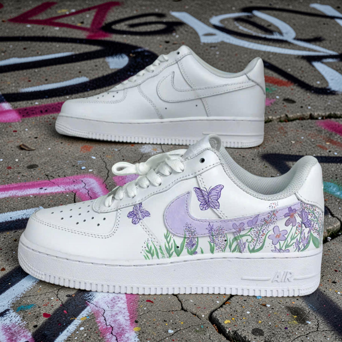 Custom Air Force 1 Lavender Butterfly Floral Sneakers, Hand Painted AF1 Shoes, Personalized Purple Flower Shoes