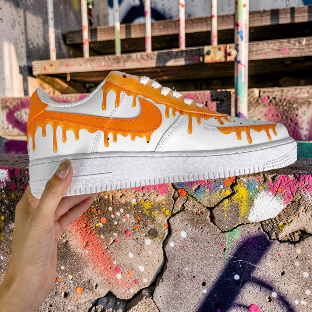 Custom Air Force 1 Orange Drip Sneakers, Hand Painted AF1 Shoes, Bold Streetwear Custom White Sneakers