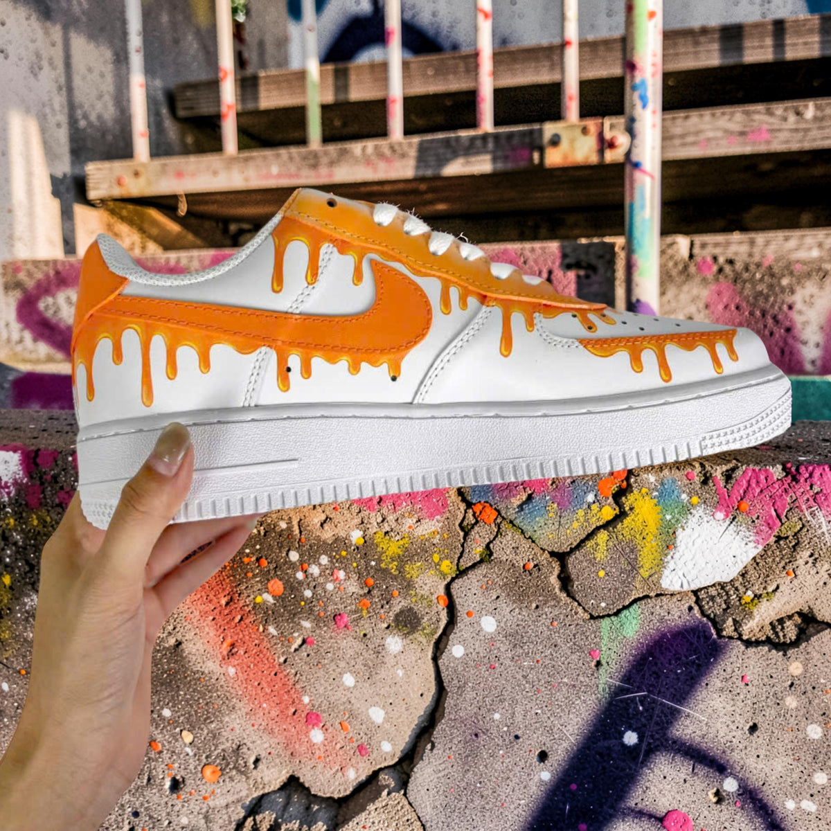 Custom Air Force 1 Orange Drip Sneakers, Hand Painted AF1 Shoes, Bold Streetwear Custom White Sneakers