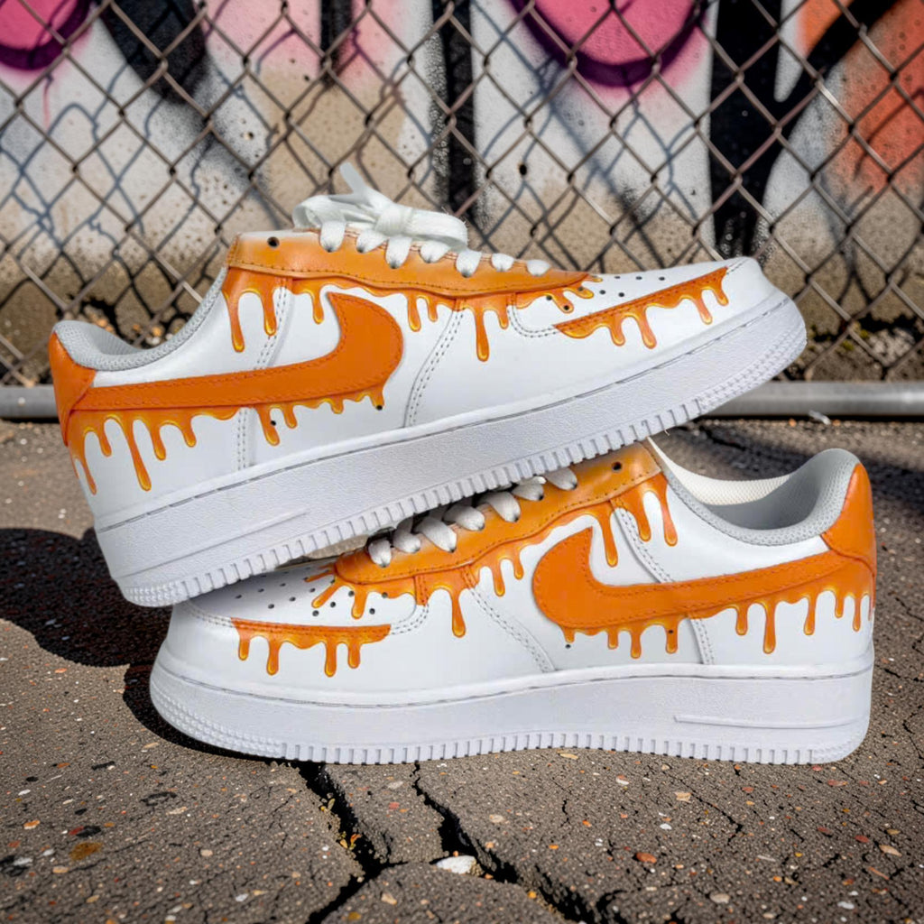 Custom Air Force 1 Orange Drip Sneakers, Hand Painted AF1 Shoes, Bold Streetwear Custom White Sneakers