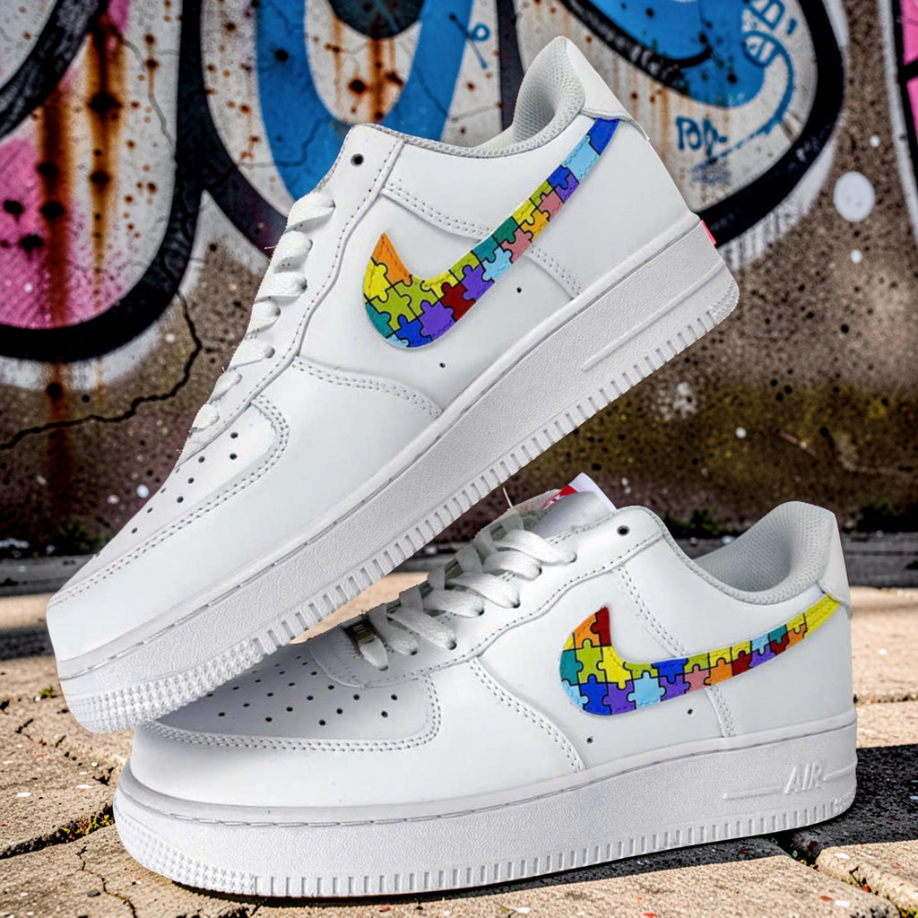 Custom Air Force 1 Puzzle Sneakers, Rainbow AF1 Shoes, Hand Painted Autism Awareness Sneakers