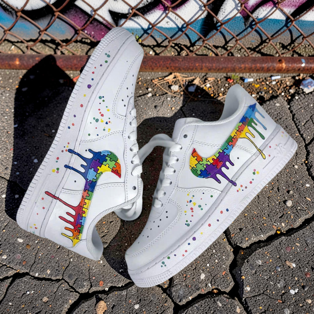 Custom Air Force 1 Rainbow Drip Sneakers, Puzzle AF1 Shoes, Hand Painted Colorful Streetwear Sneakers