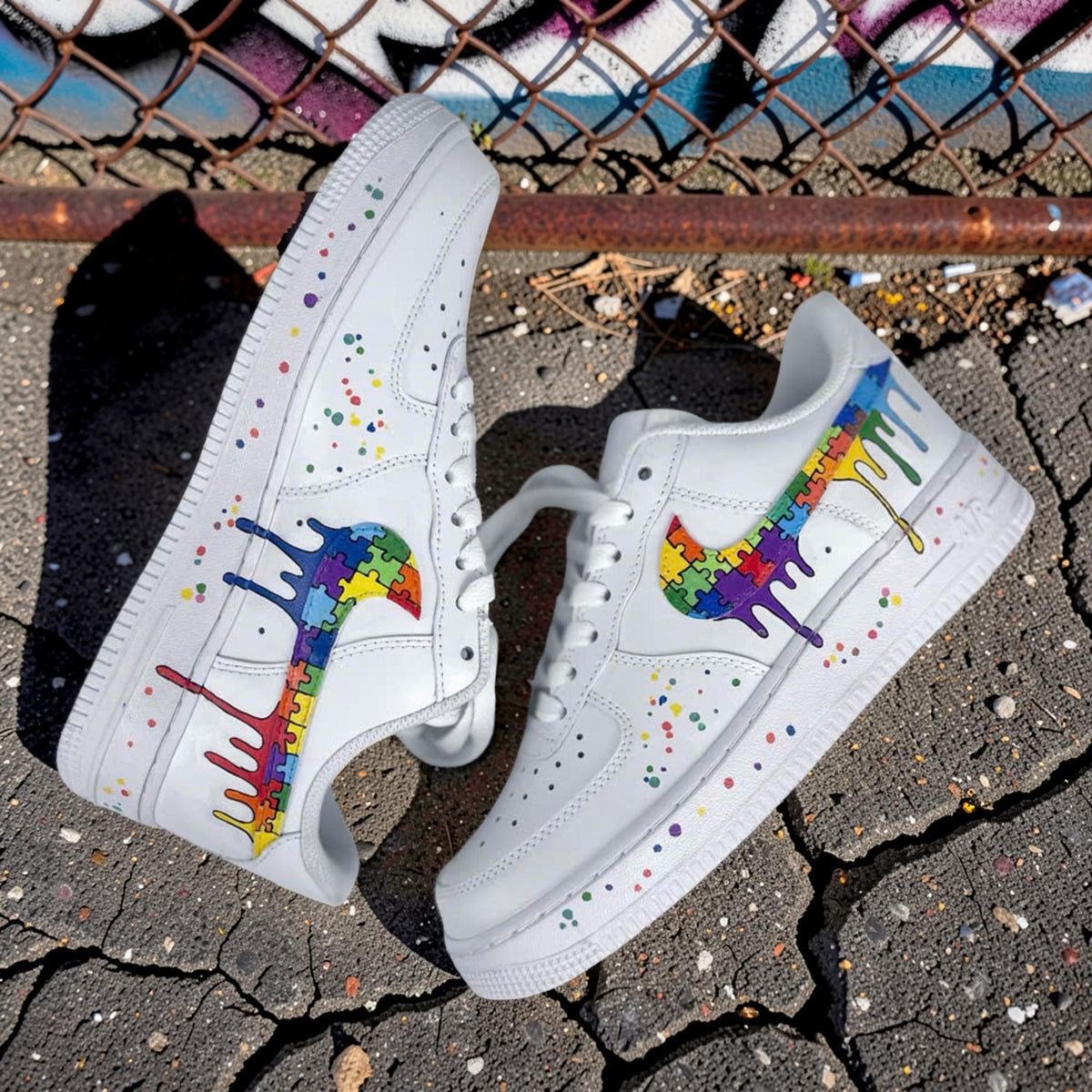 Custom Air Force 1 Rainbow Drip Sneakers, Puzzle AF1 Shoes, Hand Painted Colorful Streetwear Sneakers