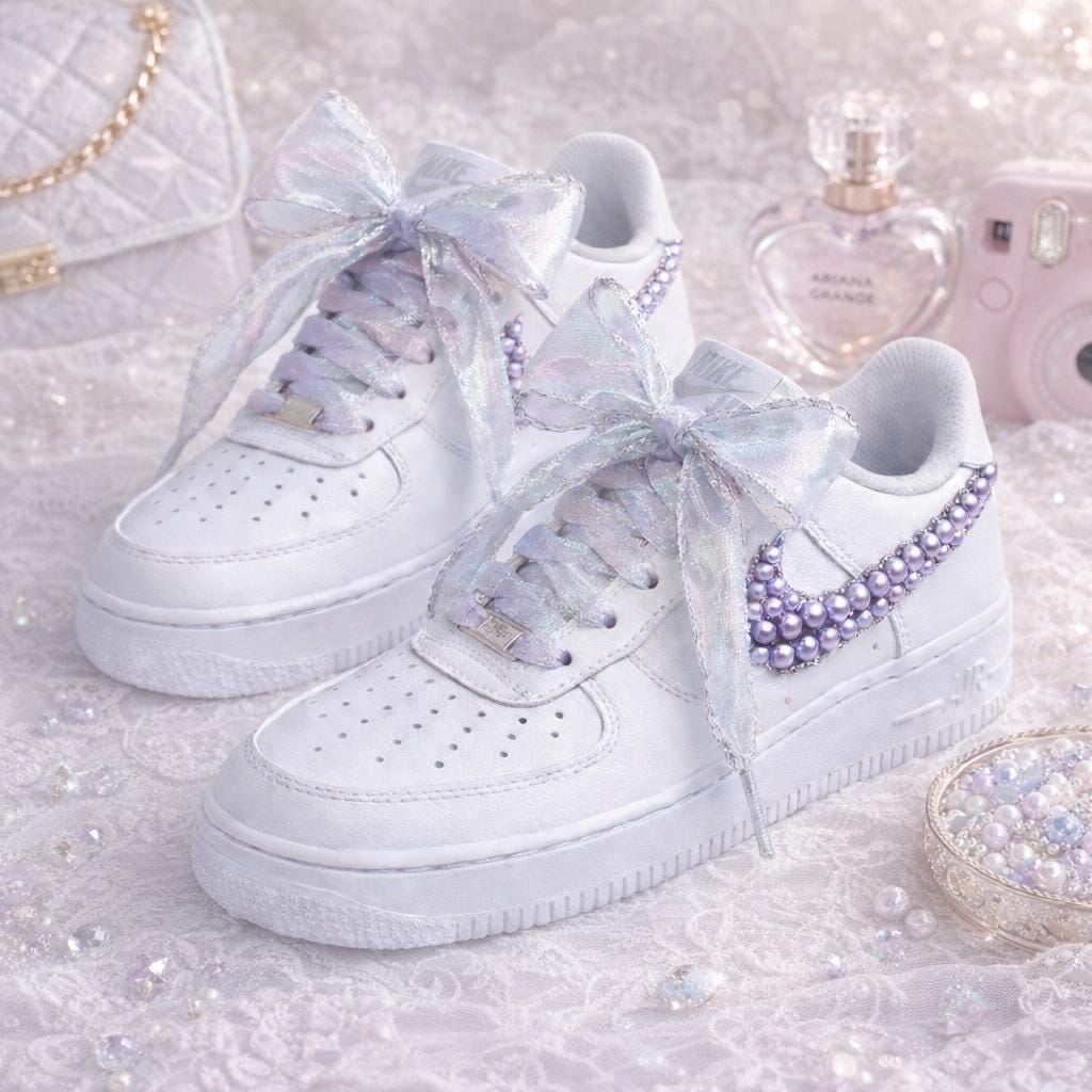 Purple Pearl AF1 With Silk Laces,Wedding Sneakers , Pearl Bridal Shoes, Gift for her