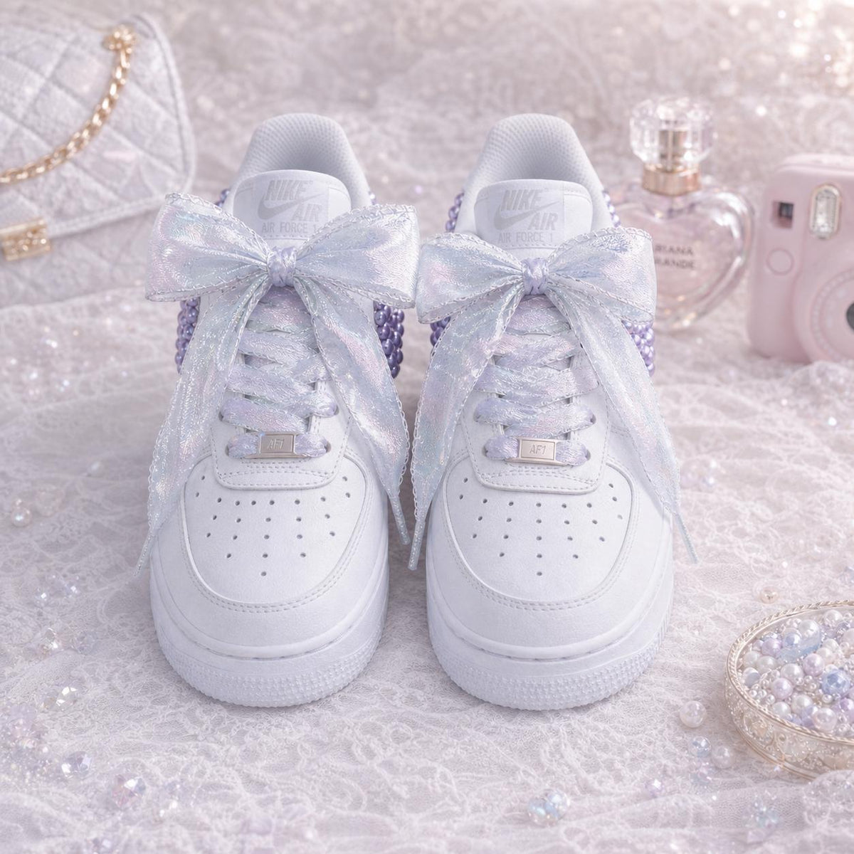 Purple Pearl AF1 With Silk Laces,Wedding Sneakers , Pearl Bridal Shoes, Gift for her