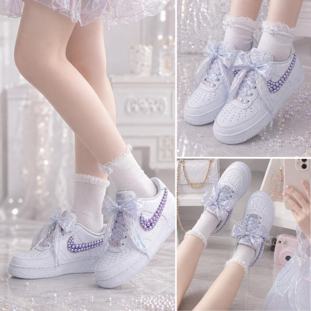 Purple Pearl AF1 With Silk Laces,Wedding Sneakers , Pearl Bridal Shoes, Gift for her
