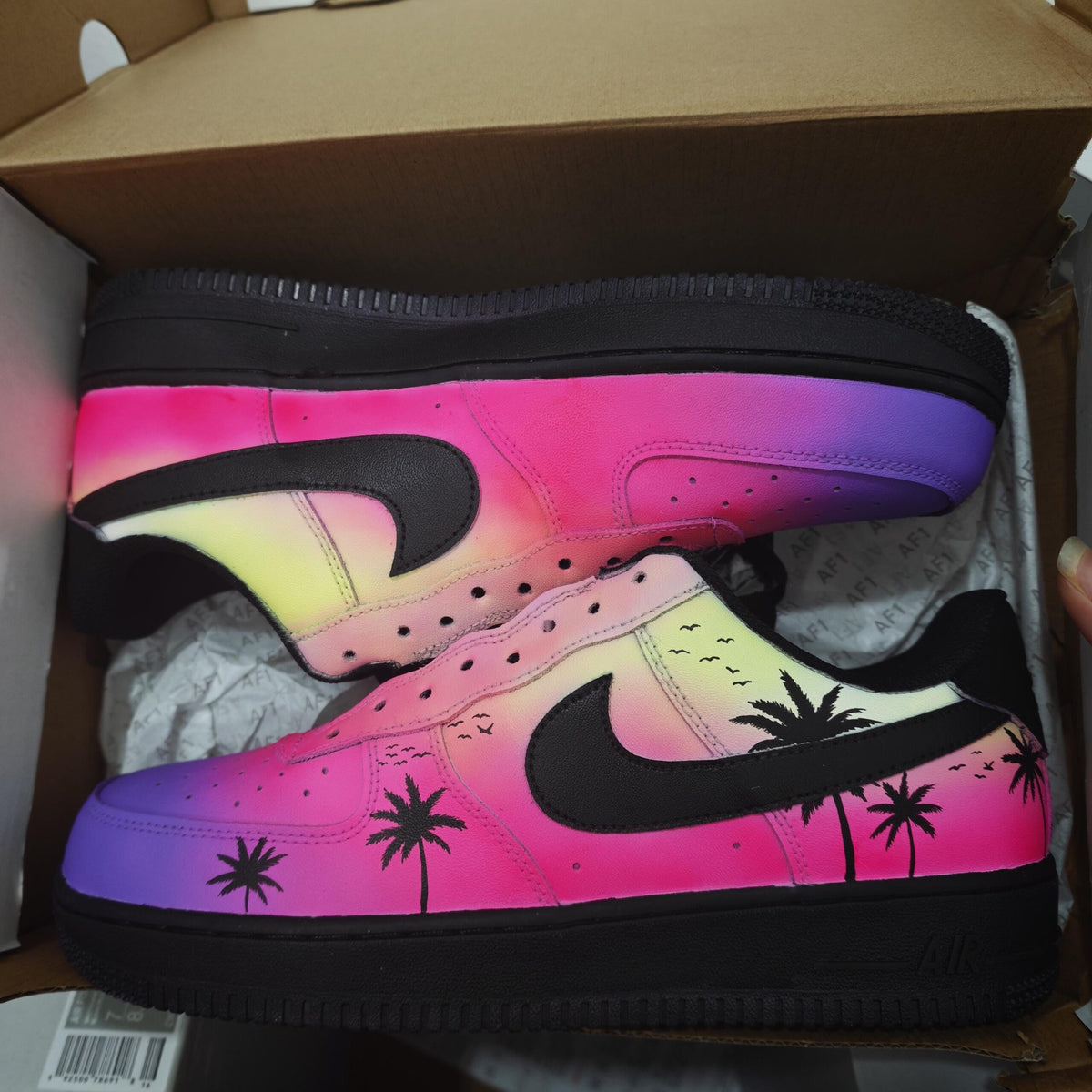 Custom Sunset Palm Tree AF1 Sneakers, Hand Painted Tropical Air Force 1 Shoes, Pink Purple Beach Sneakers, Summer Vacation Gift