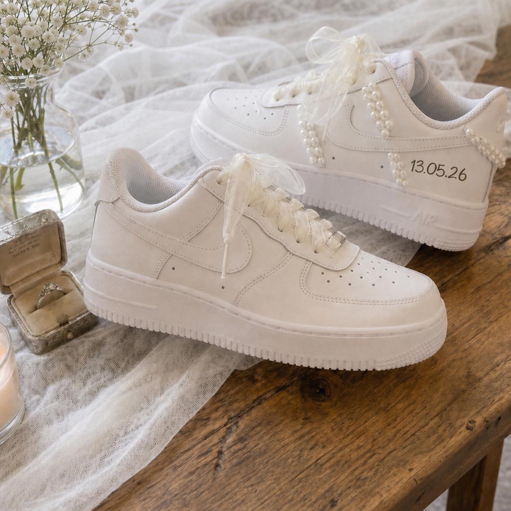 Pearl Lace Bridal Wedding Sneakers Custom Shoes for Bride, Personalized with Name & Wedding Date