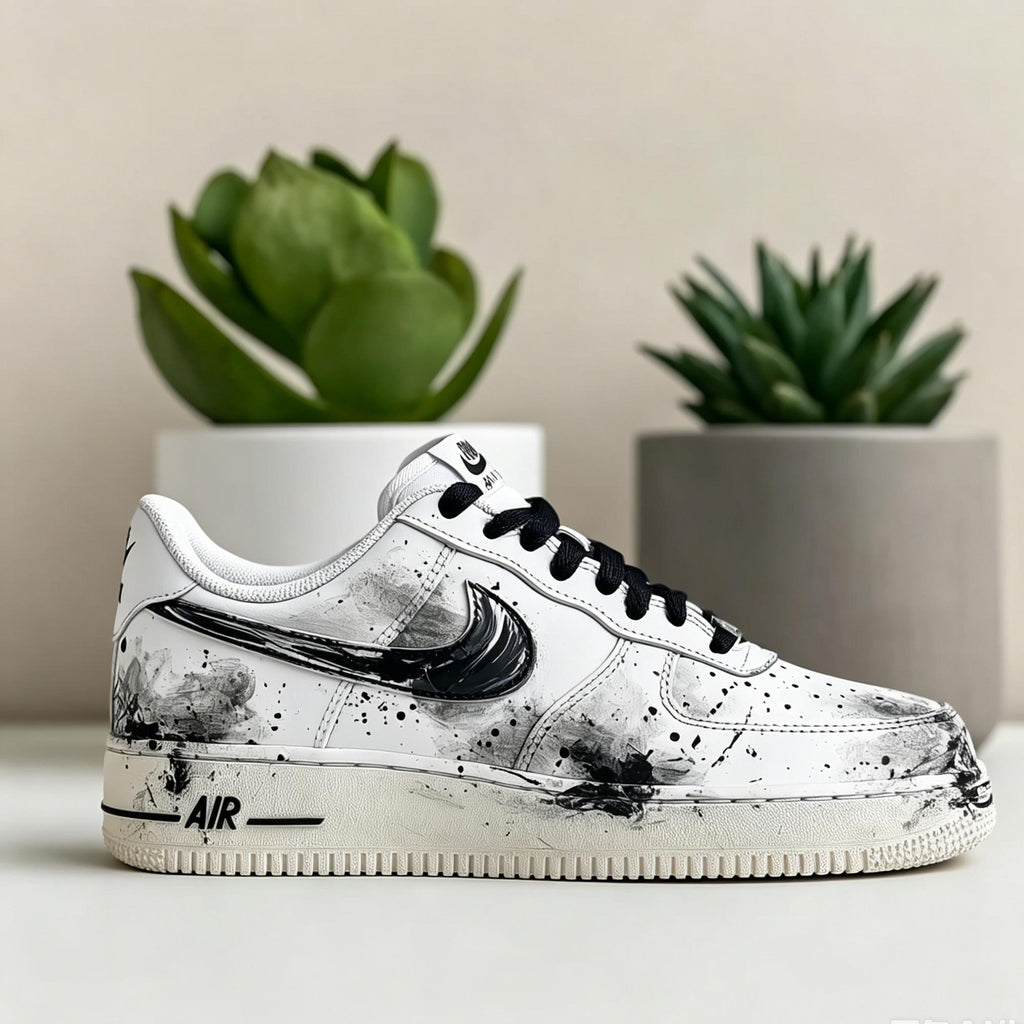 Custom Air Force 1, Hand Painted Ink Splash Shoes, Black & White AF1 Sneakers, Japanese Air Force One,A Unique Gift