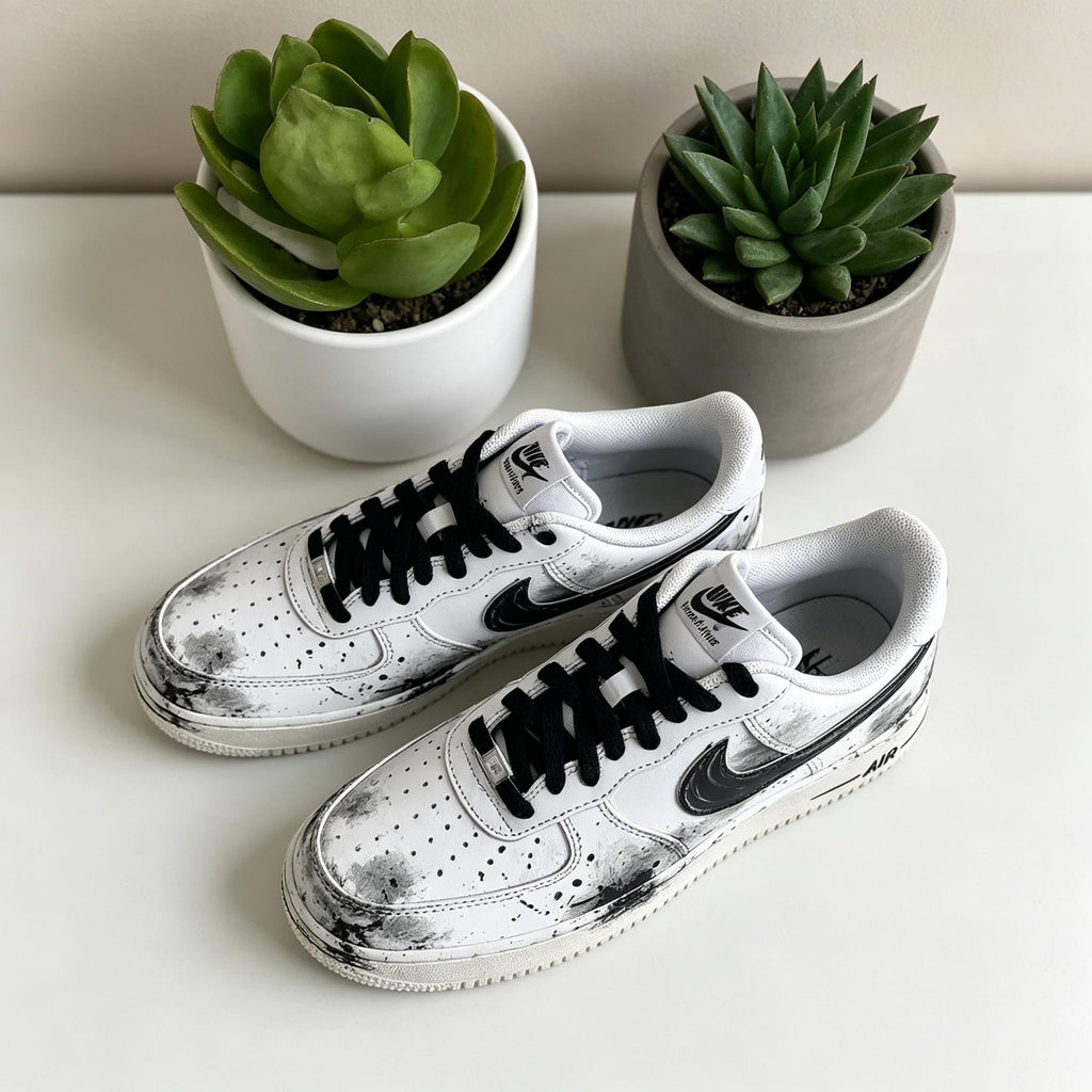 Custom Air Force 1, Hand Painted Ink Splash Shoes, Black & White AF1 Sneakers, Japanese Air Force One,A Unique Gift