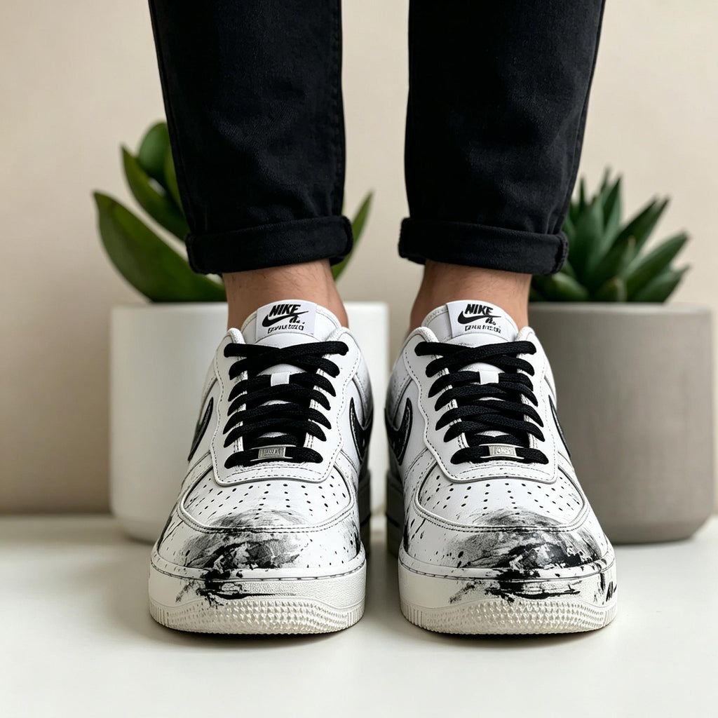 Custom Air Force 1, Hand Painted Ink Splash Shoes, Black & White AF1 Sneakers, Japanese Air Force One,A Unique Gift