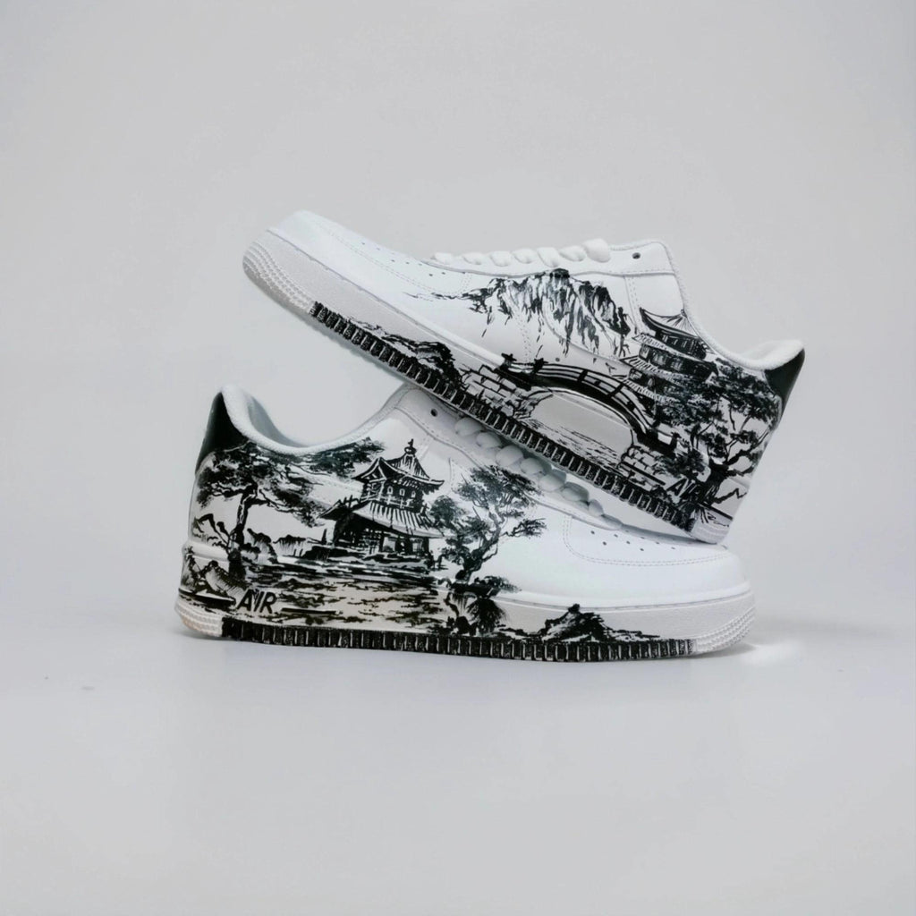Custom White Sneakers Japan Art ?C Hand Painted, Unique Sneakers, Monochrome Mountain Wave Shoes, Unique Streetwear Gift for Him